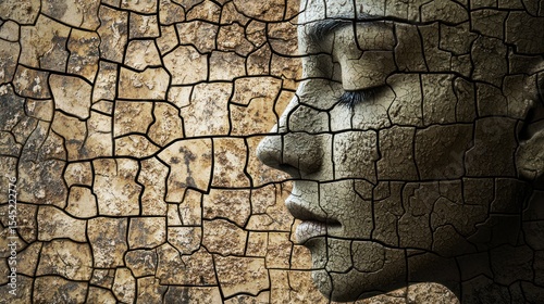 A weathered stone statue of a woman's face, set against a cracked earth background, with a muted, earthy color palette and a soft, almost ethereal light source.