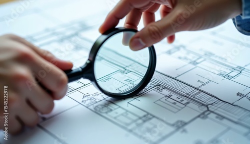 Hands with a magnifying glass examining architectural blueprints, focusing on construction details.