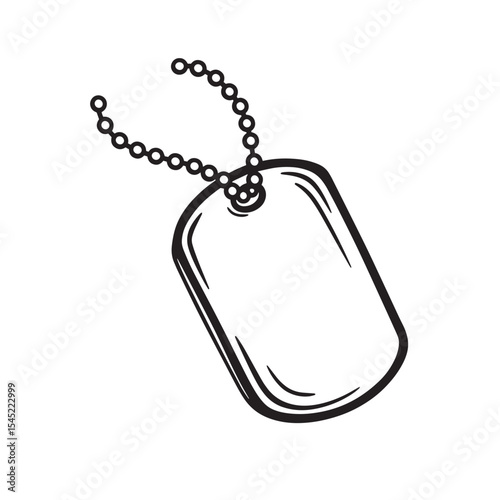 Hand-drawn vintage art silhouette of a blank military dog tag with chain isolated on a white background