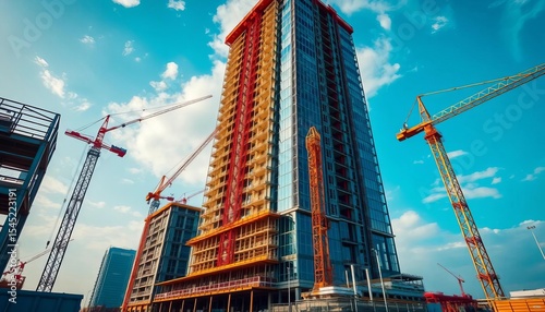 Construction site with skyscraper under construction, cranes, and equipment,  modern,   progress