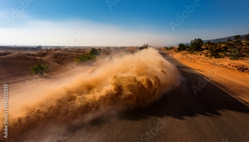 dust sand cloud on a road from a car in top view dust cloud brown dusty cloud or dry sand flying with a gust of wind sandstorm sand storm with dirt particles polluted dirty brown air smog