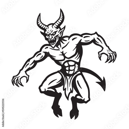 Sinister devil silhouette in a dynamic posing attitude showing his horns and tail