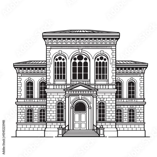 Vector illustration of a classic architectural building design in a vintage art silhouette style