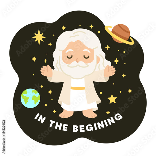 Flat Style Godlike Character Surrounded by Planets and Stars with In the Beginning Text