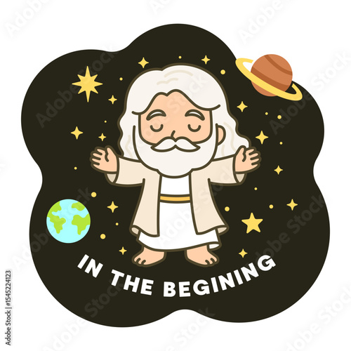 Godlike Cartoon Figure in Space with Planets and Stars and In the Beginning Text