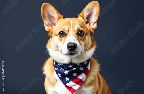 Cute Corgi dog with American flag scarf around neck, Independence Day, USA