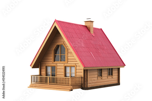 Wooden House with Red Roof on Transparent Background