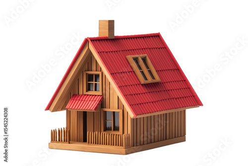 Wooden House with Red Roof on Transparent Background