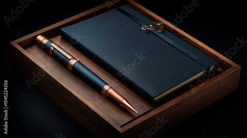 Midnight Blue and Copper Pen Set in Cherry Wood Box