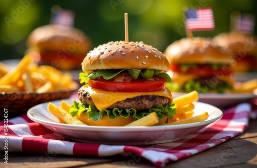 Picnic to celebrate American Independence Day on July 4th. Fast food: French fries, hamburgers, pizza, drinks. Food and utensils, tablecloths - all with attributes of the national flag