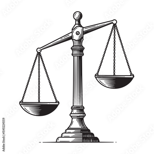 Vintage art silhouette illustration of justice scales symbolizing balance fairness and law