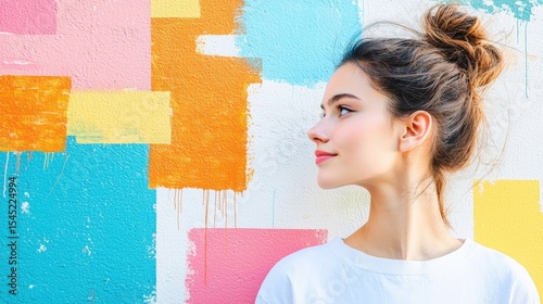 Young woman profile against vibrant colorful wall