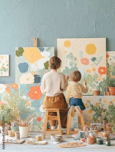 immune boosting for families Woman and child painting large colorful floral artwork in art studio with plants multigenerational health care