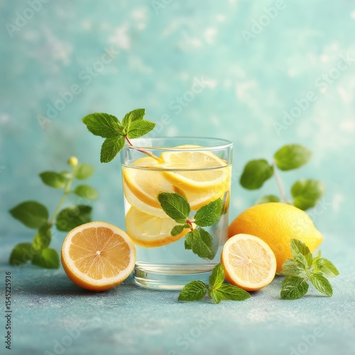 immune boosting for families Refreshing lemon mint infused water with slices and leaves on turquoise background multigenerational health care