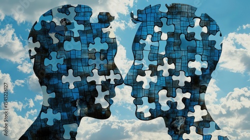 Two silhouetted human heads with puzzle pieces forming their faces, set against a cloudy blue sky with white clouds.