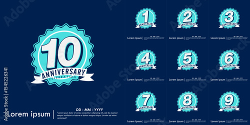 Set of 1st-10th years anniversary celebration emblem. congratulations anniversary logo isolated with yellow ribbon and fireworks sparkle on blue background. vector illustration template design for web