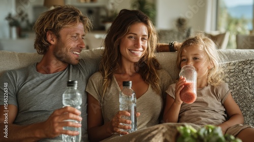 immune boosting for families Happy family enjoying drinks together sitting on sofa in bright living room multigenerational health care
