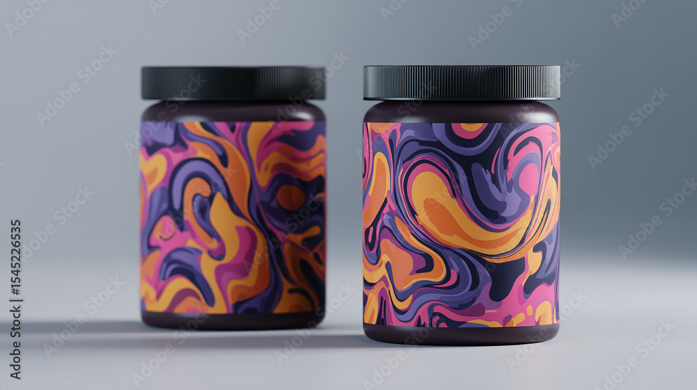 Fototapeta premium Purple, Orange, and Pink Wave Label on Brown Jars with Light Grey Background