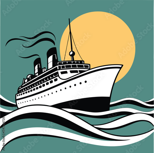 Minimalist Cruise Ship Illustration with Sunset and Tranquil Ocean Waves