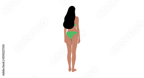 Woman in green bikini from back view on white background