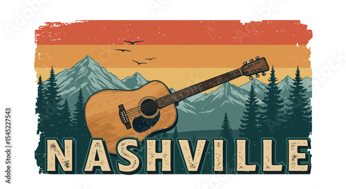 Nashville music scene with acoustic guitar and mountain landscape