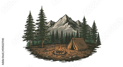 Serene mountain camping scene with tent and campfire in pine forest