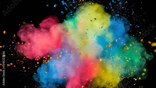 Colorful powder explosion on a black background, vibrant hues and dynamic abstract shapes