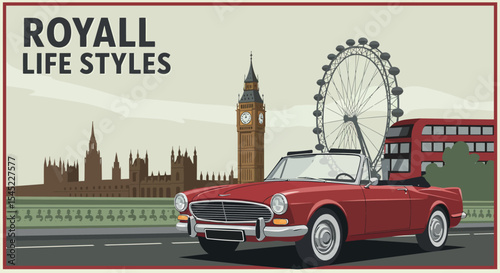 Classic red convertible in london with big ben in the background