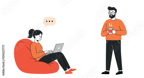 Casual office interaction with young woman on laptop and man holding coffee