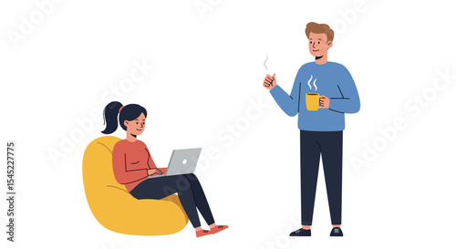 Casual work from home setup with relaxed couple, coffee break, and laptop use