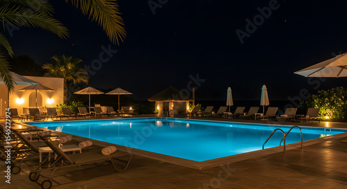 swimming pool at night in lux hotel