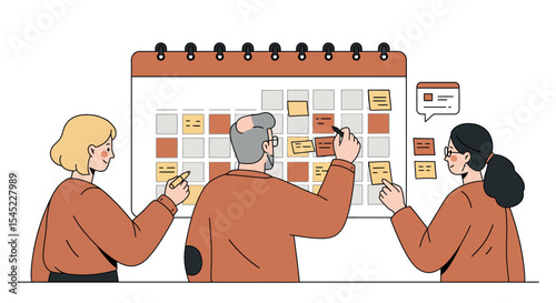 Team collaboration and planning meeting with office calendar for effective project management