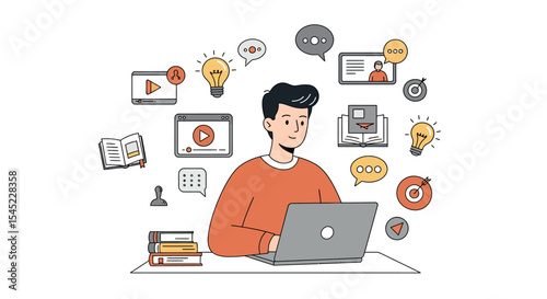 Online learning and digital communication concept with laptop and multimedia elements