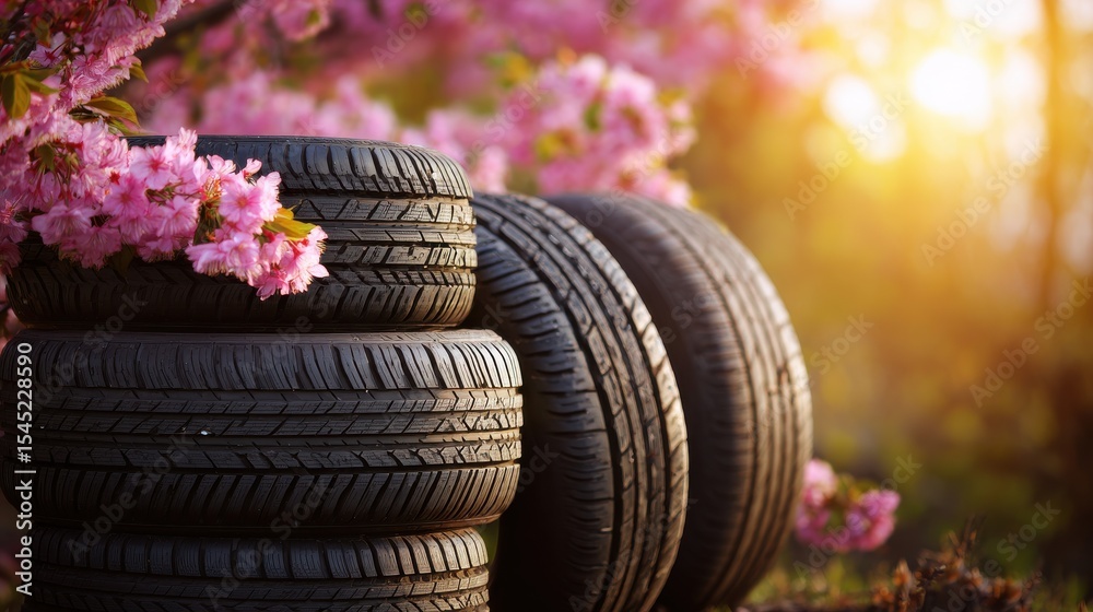 Obraz premium Stunning photo of summer car tires in the blooming spring in the sun, time for summer tires.