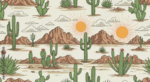 Seamless desert landscape pattern with cacti, mountains, and sun