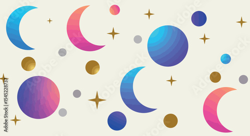 Celestial pattern with vibrant moons, stars, and planets for cosmic design projects