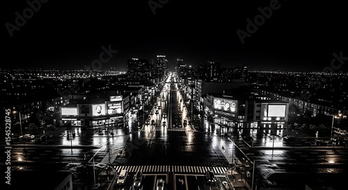 Rainy night cityscape long exposure black and white photography