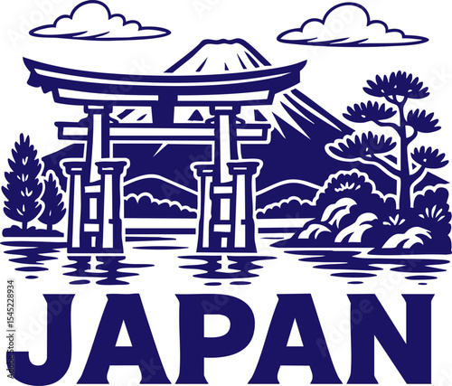 Japan landscape with torii gate and Mount Fuji in line art style