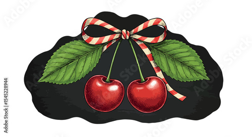 Elegant cherry design with striped bow and leaves for greeting cards or invitations