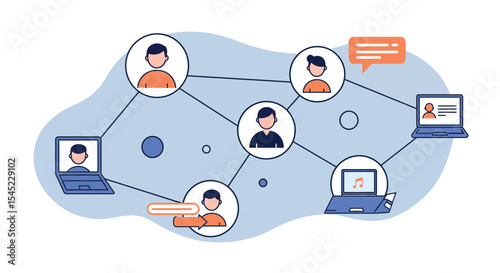 Digital networking illustration featuring connected individuals and laptops for online communication
