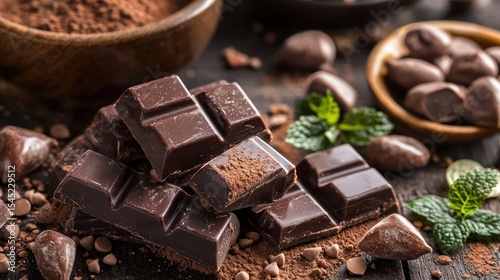 A dark chocolate bar with a few pieces of chocolate chips and a mint leaf on a wooden surface.