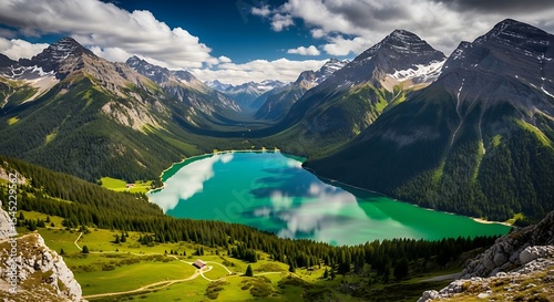 Stunning alpine lake surrounded by majestic mountains and lush green forests