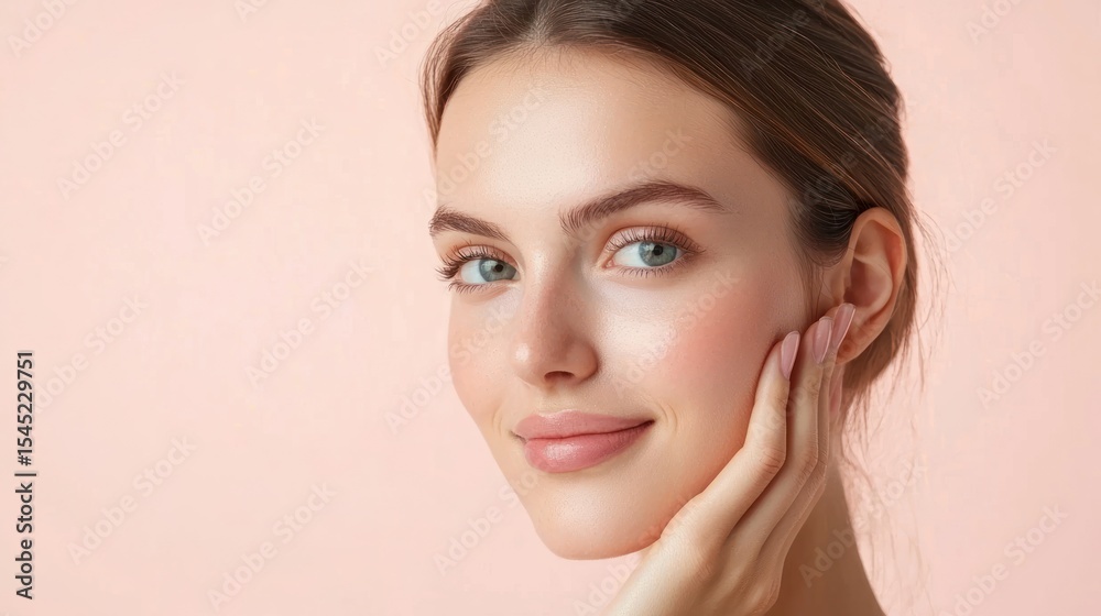 Fototapeta premium A woman with long, dark hair, wearing a white top, stands in front of a pink background, holding a white cup with a red lid.