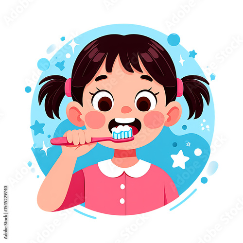 Cute girl brushing teeth cartoon illustration isolated on transparent background