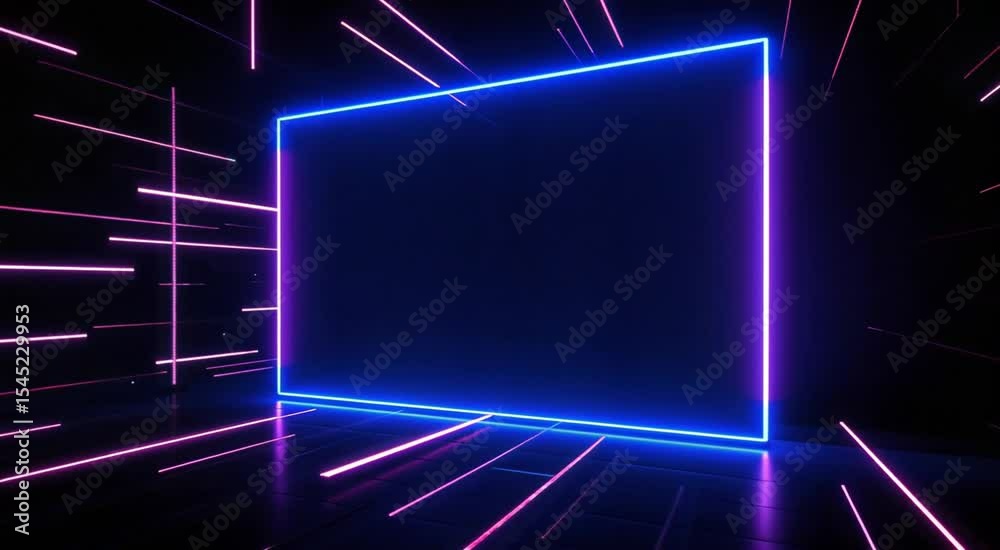 Glowing neon frame and lines forming abstract digital tunnel background