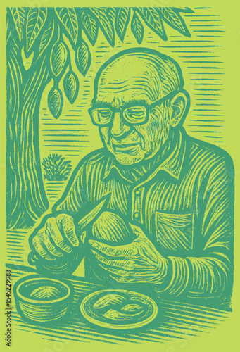 Green engraving of grandpa peeling mangoes under a tree, brush stroke woodcut style postal stamp card, vintage rustic nature illustration, detailed line art, traditional craft design