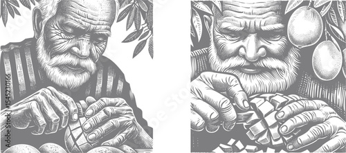 Engraving style woodcut illustration of grandpa peeling mangoes under a tree, nostalgic rural life scene in grain texture, perfect for vintage printmaking or nature-inspired design
