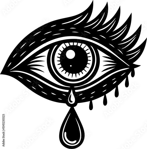 Artistic black and white eye illustration depicting sadness or sorrow with large teardrop flowing from the bottom of the eye