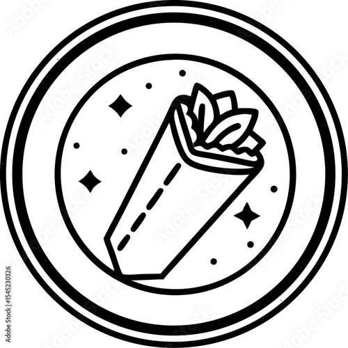 Artistic illustration of a delicious burrito in a circular frame with decorative stars and dots design