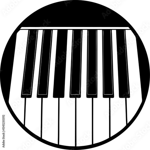 Black and white illustration of a piano keyboard inside a circular frame suitable for musical projects